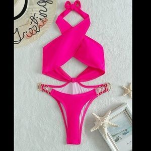 Ring linked cross crossed halter one piece swimsuit monokini hot pink